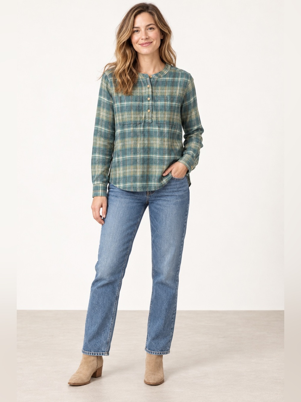 L.L.Bean XS Teal Plaid Cotton Henley Popover Shirt